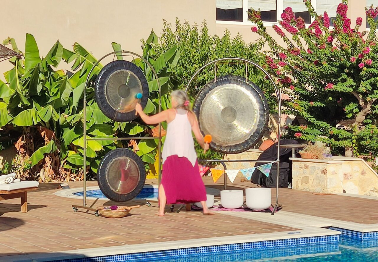 Gong bath sound healing theraphy for Yoga and Wellbeing week at mistral hotel crete greece