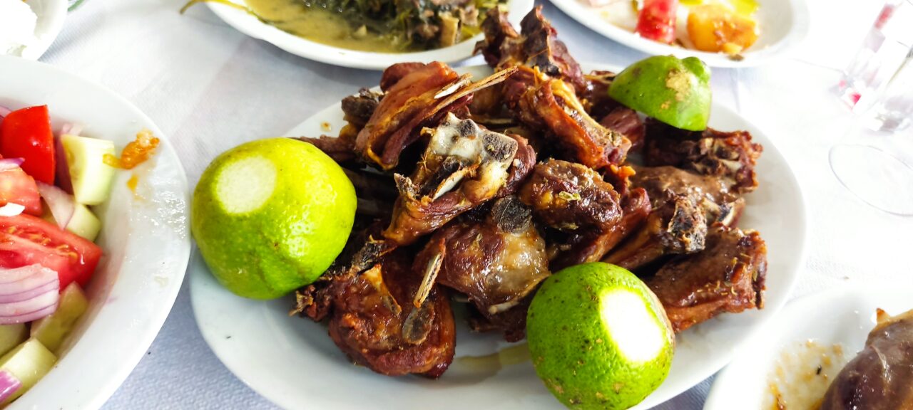 lamb-chops-fried-olive-oil-traditional-food-crete-greece-west-omalos-mountains-solo-holidays-mistral-hotel-singles